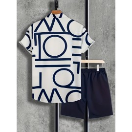 Casual Two-Piece Set, Men's Short Sleeve Shirt & Drawstring Shorts Matching Set For Summer