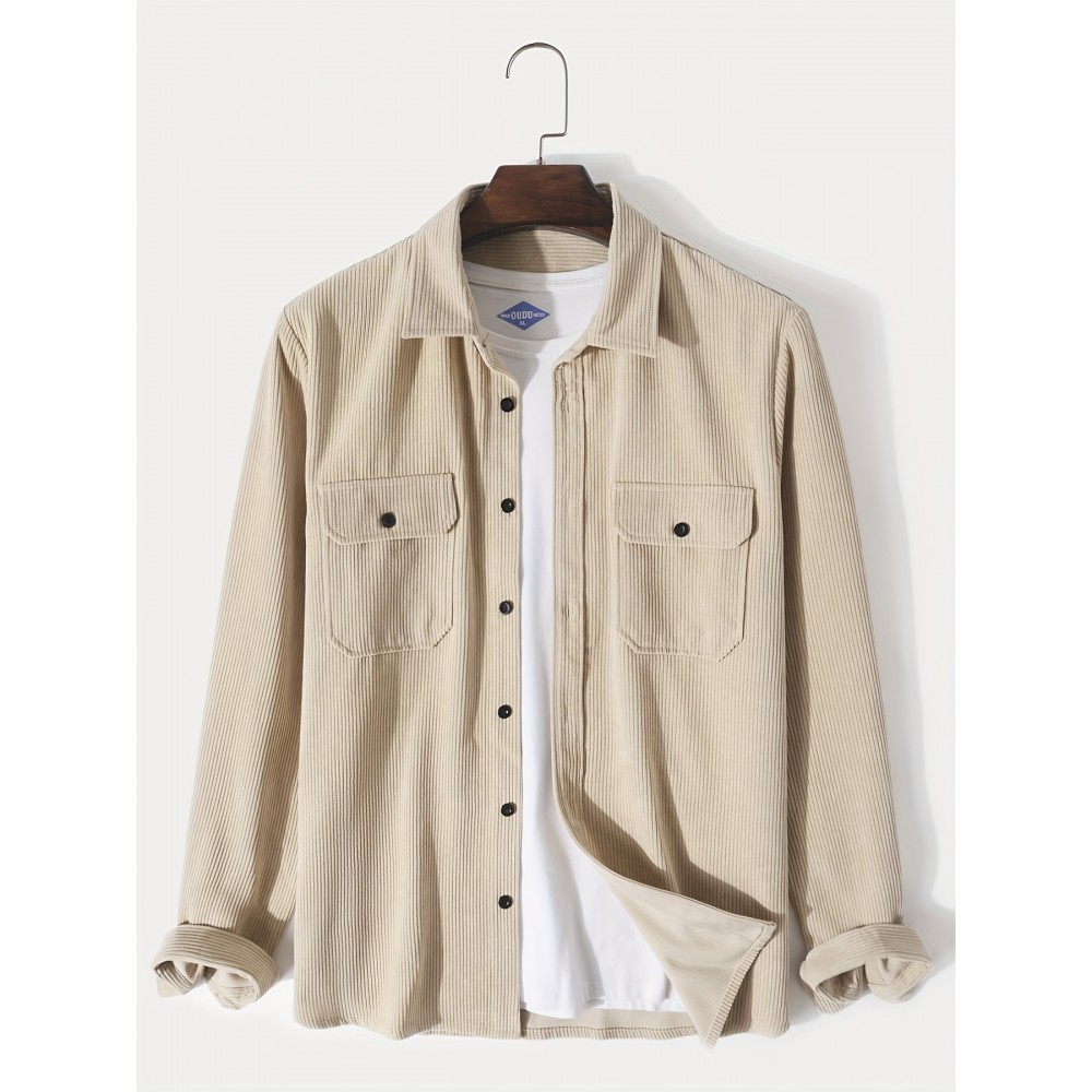 Men's Retro Corduroy Shirt Top Turn-Down Collar Long Sleeve Closure Regular Fit Solid Male Casual Shirt For Daily