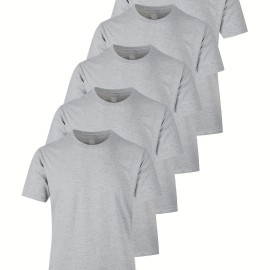 5pcs Multi Color Men's Solid Comfy Cotton Casual T-Shirts Set, Basic Crew Neck Tees For Summer Sports