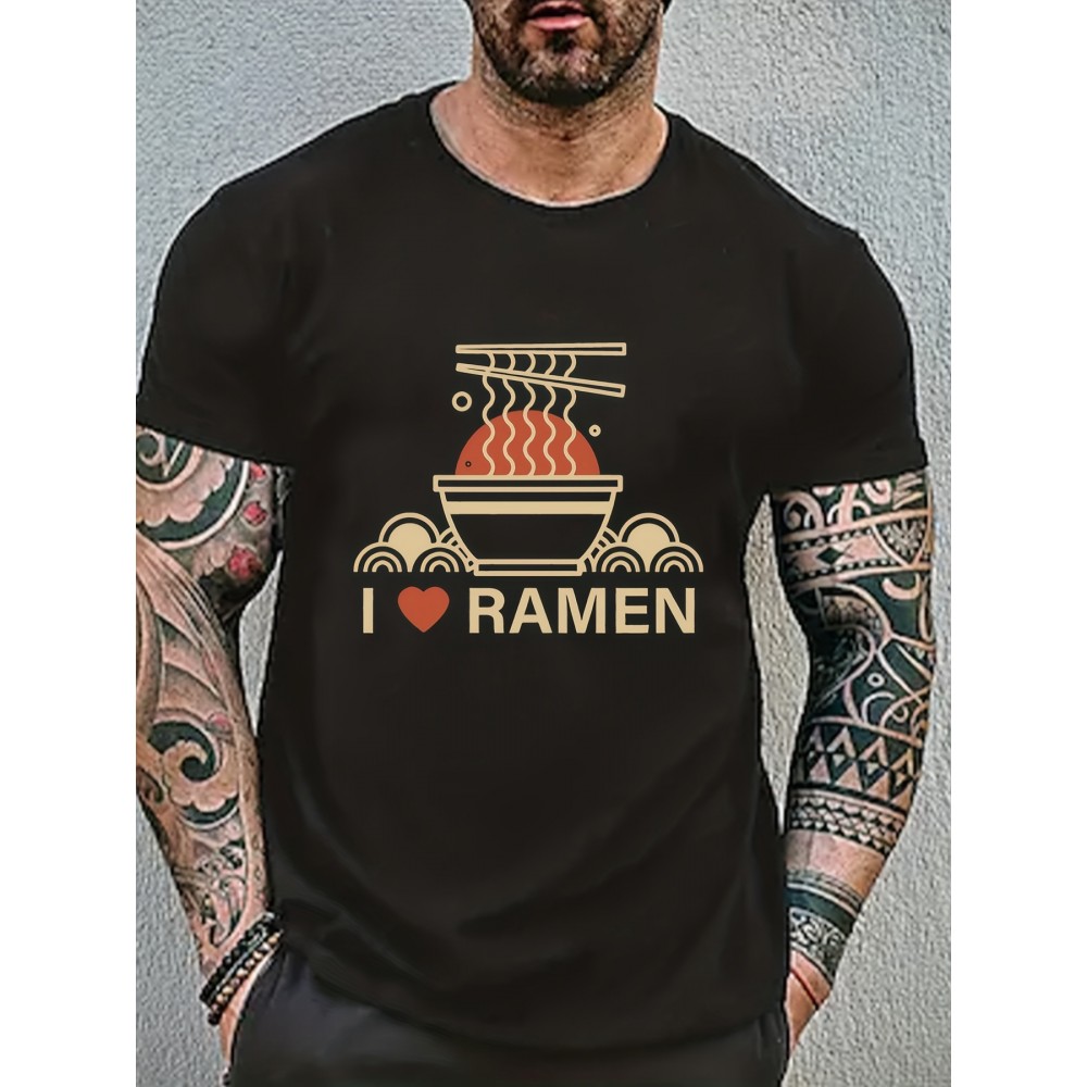 Ramen Lover Pattern Print Men's Comfy Slightly Stretch T-shirt, Graphic Tee Men's Summer Clothes, Men's Casual Outfits For Sports Fitness