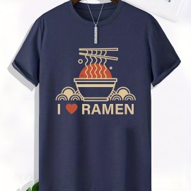 Ramen Lover Pattern Print Men's Comfy Slightly Stretch T-shirt, Graphic Tee Men's Summer Clothes, Men's Casual Outfits For Sports Fitness