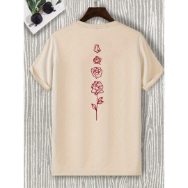 Retro Rose Print, Men's Graphic Design Crew Neck Active T-shirt, Casual Comfy Tees Tshirts For Summer, Men's Clothing Tops For Daily Gym Workout Running