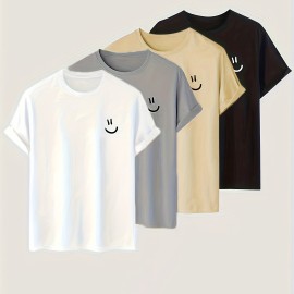 4pieces Men's Stylish Smiling Face Pattern Shirt, Casual Slightly Stretch Breathable Crew Neck Short Sleeve Tee Top For City Walk Street Hanging Outdoor Activities