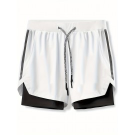 2-in-1 Double Layer Shorts With Inner Zipper Pocket, Men's High Stretch Sports Shorts For Summer Gym Workout Training