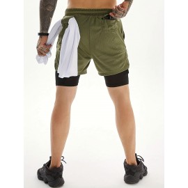 2-in-1 Double Layer Shorts With Inner Pocket, Men's Mid Stretch Sports Shorts For Summer Gym Workout Training