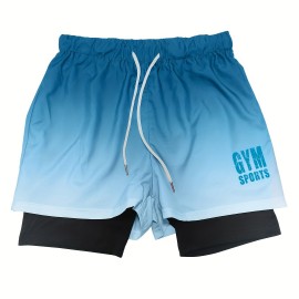 2-in-1 Double Layer Shorts With Inner Zipper Pocket, Men's Mid Stretch Sports Shorts For Summer Gym Workout Training