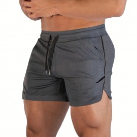 Men's Breathable Solid Shorts With Pockets, Summer Drawstring Elastic Waist Shorts For Running, Fitness, Training