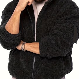 Cool Fluffy Solid For Men, Men's Casual   Polar Fleece Pullover Hooded Sweatshirt With Zipper Streetwear For Winter Fall, As Gifts