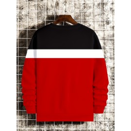 Color Block Trendy Sweatshirt, Men's Casual Graphic Design Slightly Stretch Crew Neck Pullover Sweatshirt For Autumn Winter